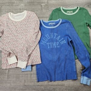 3 Pc AMERICAN EAGLE Thermal Waffle Knit Long Sleeve Top Blue White Green S / M